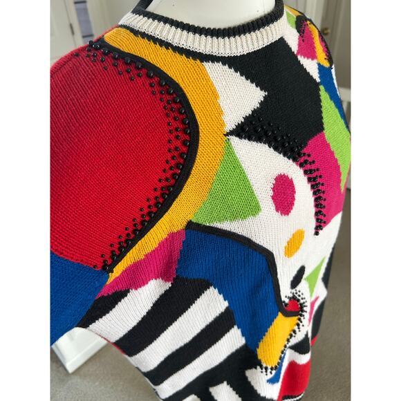 Vintage I.B. Diffusion 90s Colorful Beaded Geometric Patterned Sweater Dress M - Picture 8 of 10